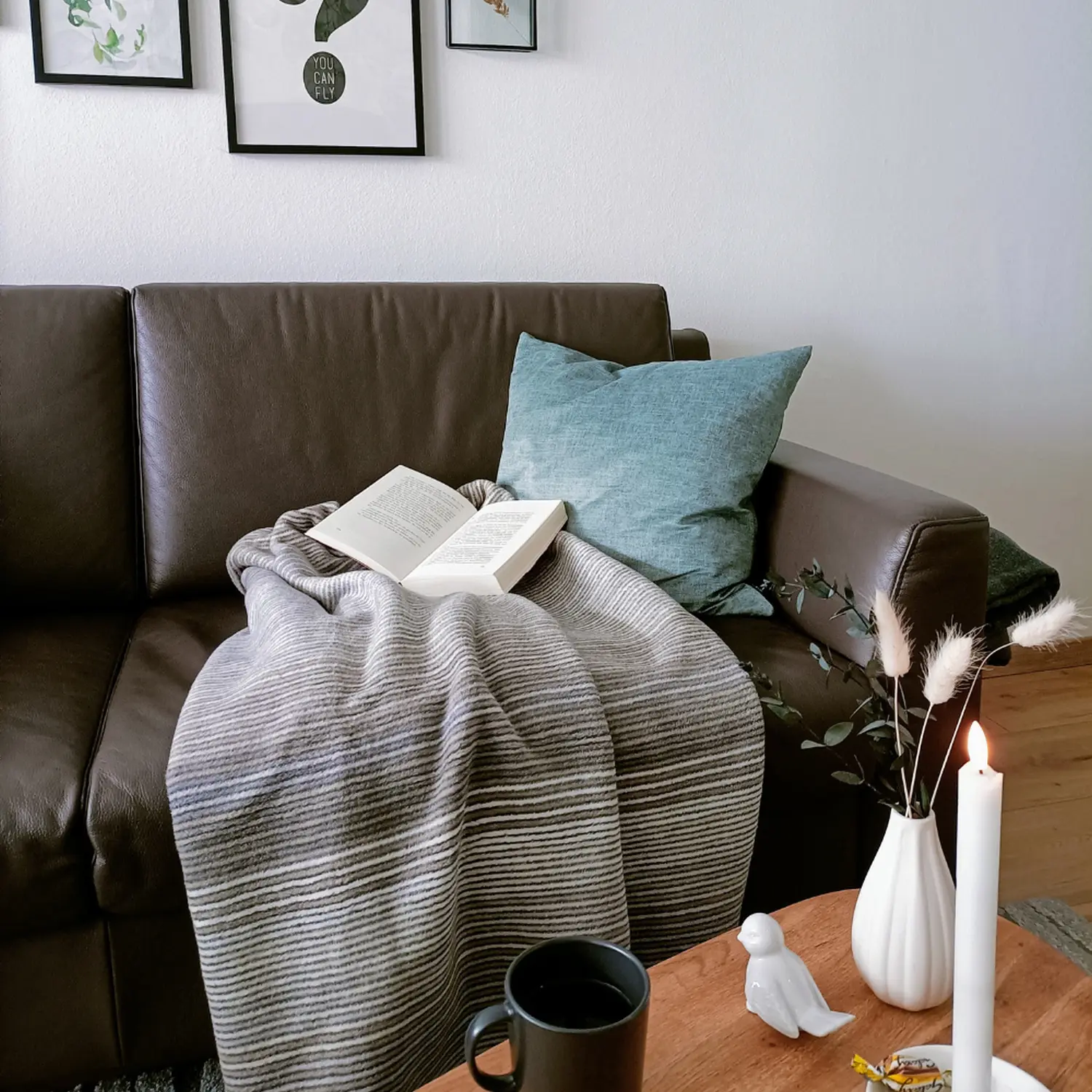 Fewo Baumkrone, Buch, Decke und Kissen auf der Couch
